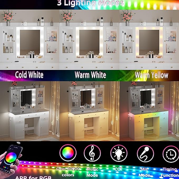 Vanity Desk with Mirror and Lights, White Vanity Mirror with Lights Desk and Chair & Charging Station, Makeup Vanity Desk with Lights for Women Bedroom 3 Color Modes Adjustable
