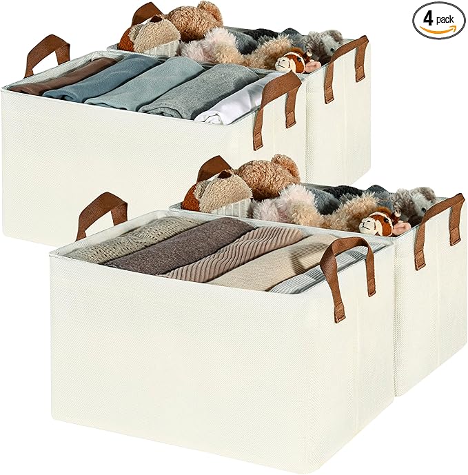 GRANNY SAYS Closet Storage Baskets, Collapsible Fabric Storage Bins with Metal Frame, Clothes Organizer Bins, Large Baskets for Shelves, Ivory, 4-Pack