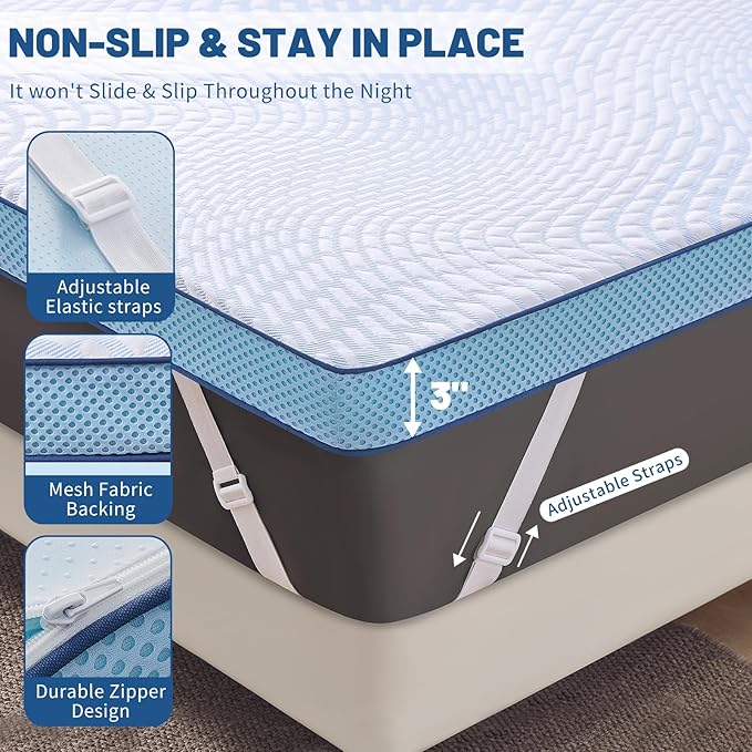 MEISHANG 3 Inch Queen Size Cooling Memory Foam Mattress Topper for Pain Relief-Breathable Night Sweats Non-Slip Density Foam & Removable Zipper Washable Cover - White