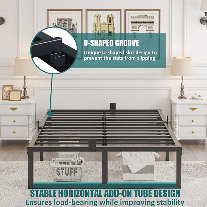 16 inch Full Size Bed Frame,3500 lbs Heavy Duty Metal Platform,Steel Slats Support/No Box Spring Needed/Noise Free/Non-Slip/Easy Assembly