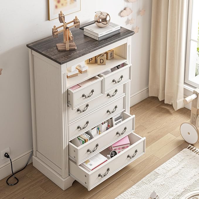 EnHomee Farmhouse 6 Drawer Dresser for Bedroom LED Light & Power Outlets, 48" H Wood Dressers & Chests of Drawers with Natural Texture, Hallway, Antique White