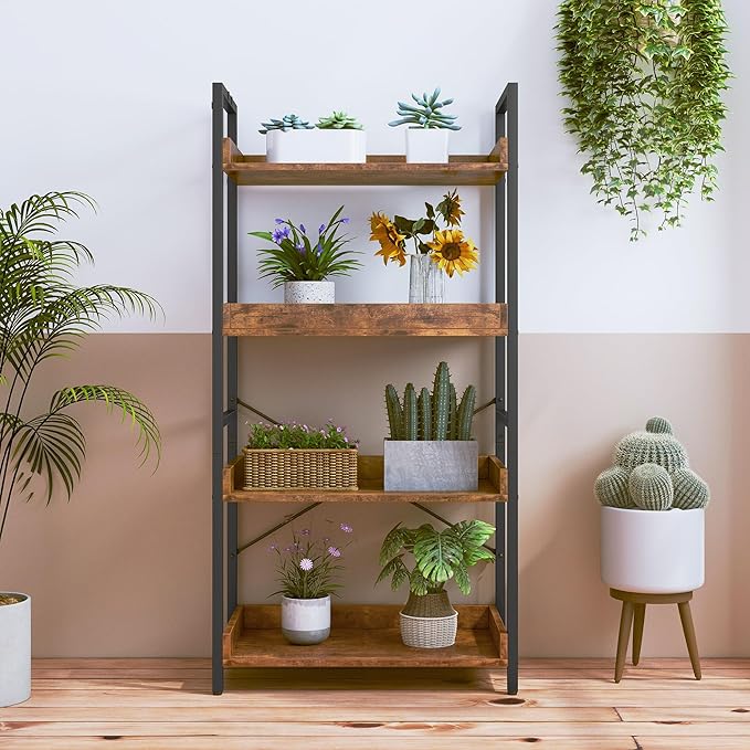 HCHQHS 4 Tier Bookshelf, Adjustable Industrial Bookcase, Vertical Tall Book Shelf, Wood and Black Metal Open Bookshelves for Home Office, Living Room, Bedroom