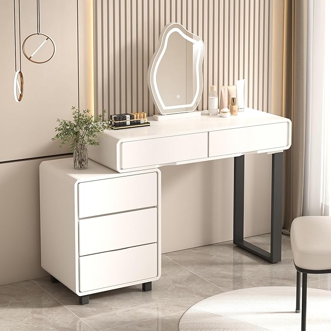 Vanity Desk with Mirror and LED Lights| Small Makeup Table with 5 Drawers and Adjustable Storage Cabinet| Modern Space-Saving Dressing Table for Bedroom(White)