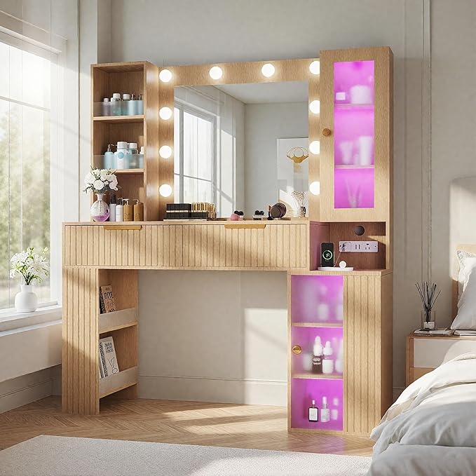 Vanity Desk with Mirror and Lights with Glass Table Top, Makeup Vanity Table with LED Lights,Dressing Table with Storage Cabinet, Brightness Adjustable, Vanity Set for Bedroom,Oak