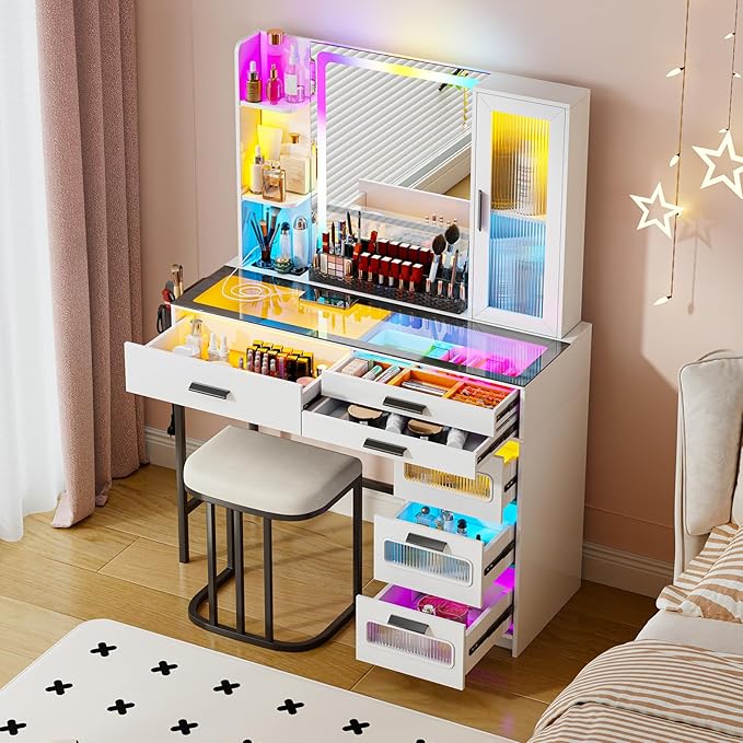 Vanity Desk with Mirror and RGB Lights，Glass top Makeup Vanity Table Set with Stool & Charging Station, Dressing Table with RGB Cabinet,6 Drawers,Lipstick Grid for Bedroom,White