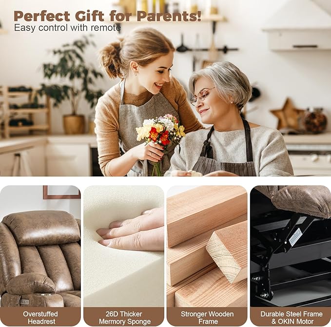 HUSFU Oversized Power Lift Recliner Chairs for Elderly with Massage and Heat, Extra Wide Recliners,Breathable Leather Lift Chairs w/Cup Holders, USB & Type-C Ports, Brown,1PC