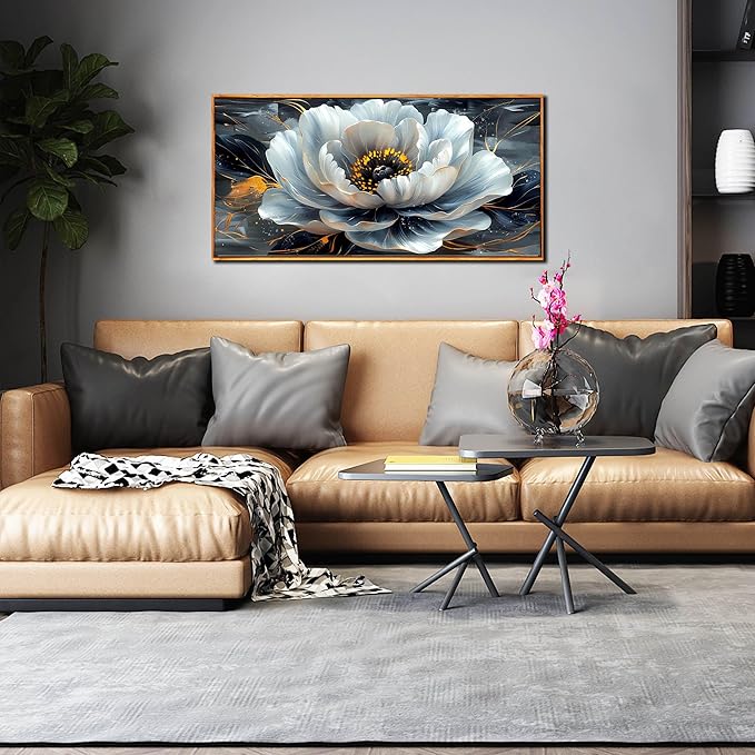 White Flower Pictures for Living Room Wall Decor - Modern Prints Wall Art for Bedroom - Wooden Framed Wall Art for Office Size 20" x 40"