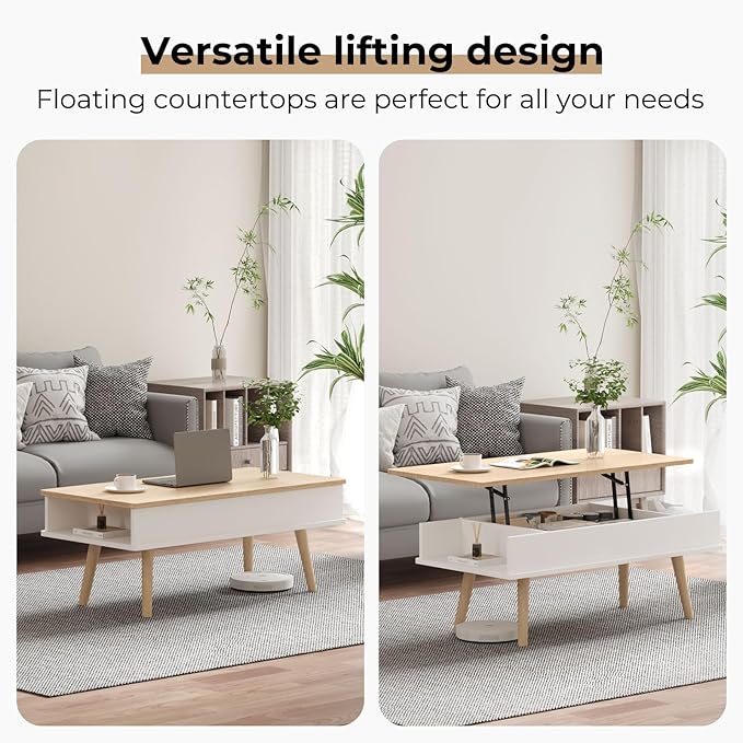 Lift Top Coffee Table, One Minute No Assembly Required Rising Tabletop Center Table with Large Hidden Storage Compartment, Open Shelf, Anti-Pinch Design Mute for Living Room (Oak)