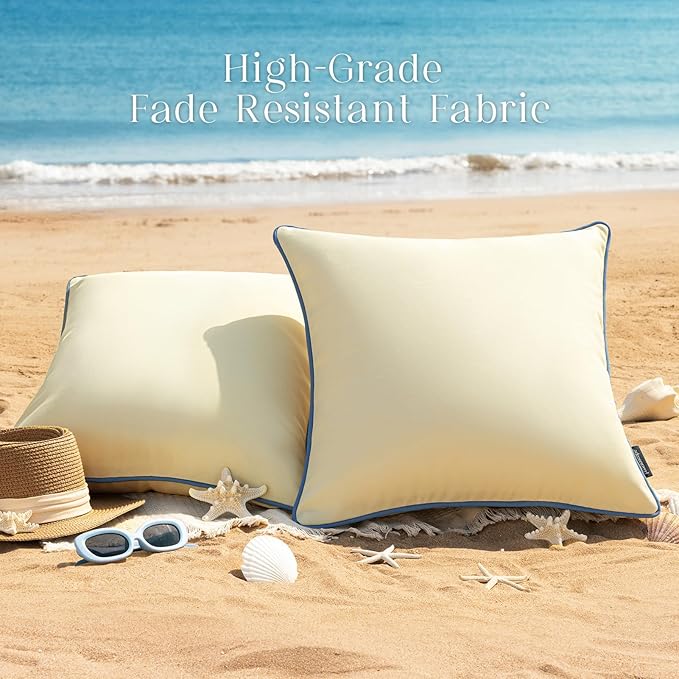 Phantoscope Pack of 2 Outdoor Waterproof Throw Pillow Covers with Contrast Piping, Decorative Square Cushion Case Patio Pillows for Couch Tent Sunbrella, Butter Yellow 18x18 inches