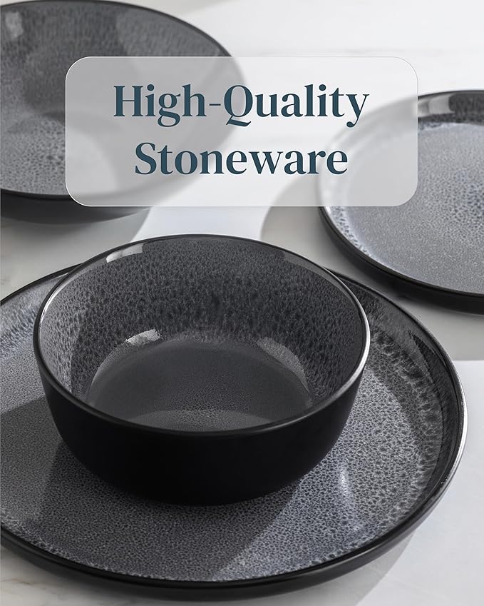 Stoneware dinnerware set 8 persons 24 pcs - Dishwasher, microwave and scratch resistant - Bowl and plate set 8 persons modern - Dinner service Pure Living black in gray…