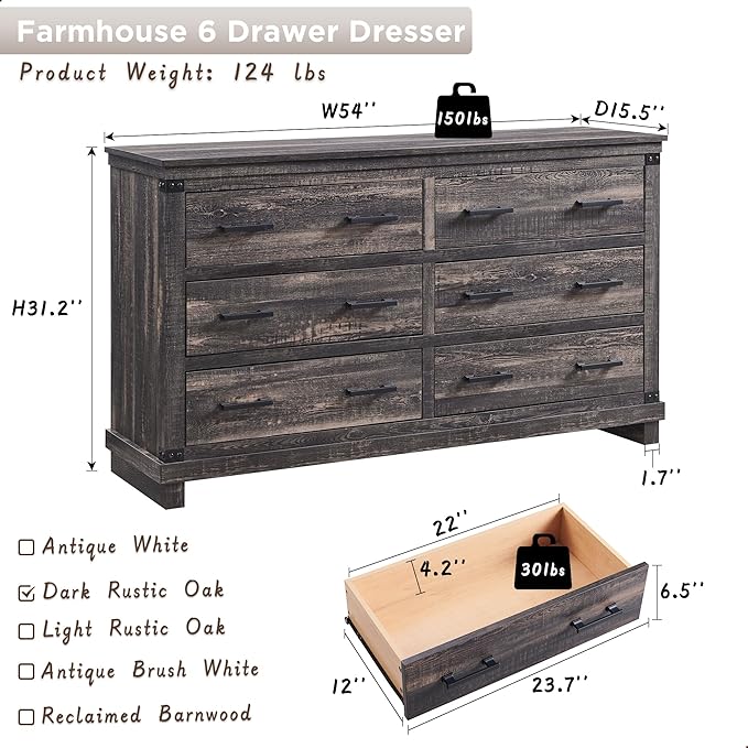T4TREAM Farmhouse 6 Drawers Dresser for Bedroom, 54" Wide Wood Chest of Drawers w/Natural Texture & Metal Handle, Rustic Storage Dressers Organizer for Living Room, Hallway, Dark Rustic Oak