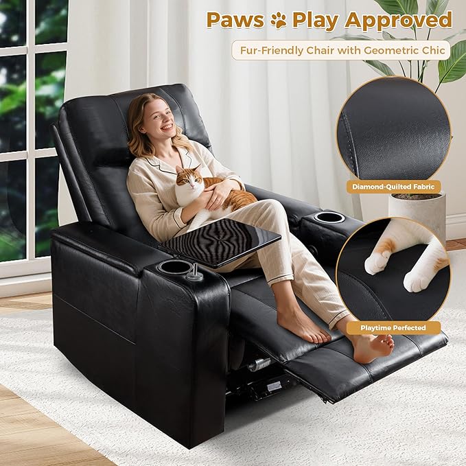 ANJ Black Power Recliner Chair Electric Home Theater Seating Soft Leather Movie Chair for Living Room Overstuffed Single Reclining Sofa with Hidden Arm Storage, Cup Holders and USB Ports (Black)