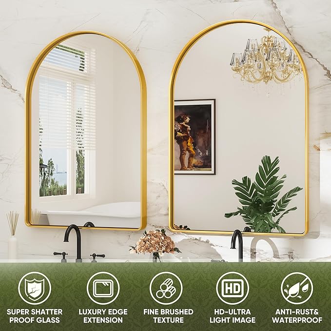 Suidia 24" x 36" Bathroom Mirror, Bathroom Vanity Mirror Metal Framed, Wall-Mounted Mirrors for Bedroom, Living Room, Entryway, Hallway, Gold, Arch Style