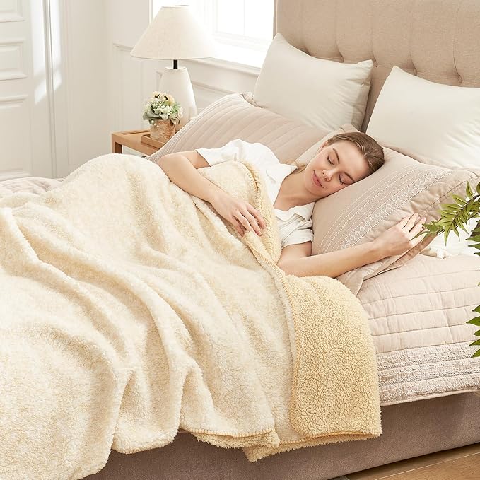 Cozy Bliss Ultra Soft Reversible Double Sherpa Sided Blanket, Fluffy Thick Warm Plush Fuzzy Blanket for Couch, Bed and Gifts (Mottled Beige, 60" x 80")