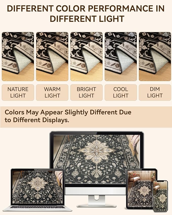 Area Rugs 6ft Washable Non-Slip, Floral Vintage Distress Print Pattern Medallion Carpet for Living Room Bedroom Dining Room, Black Brown Neutral Dark Tan