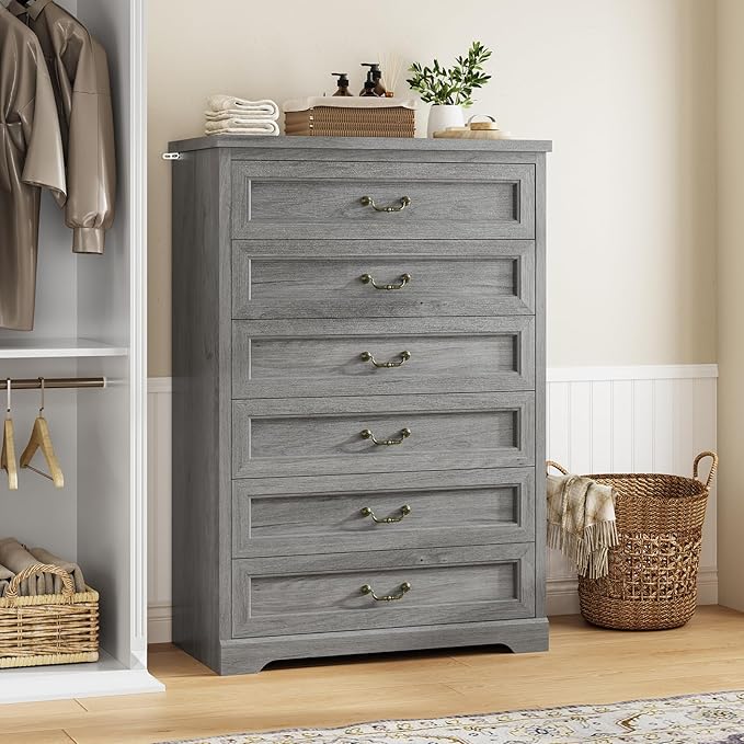 DICTAC Farmhouse 6 Drawers Dresser for Bedroom,51.2" Tall Rustic Wood Chest of Drawers,Large Storage Chest with Vintage Metal Handles, White Dresser for Bedroom,Closet,Hallway,Oak Grey