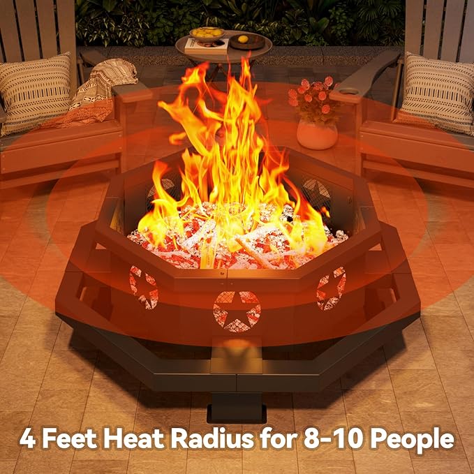 ZIENLIFE 45 Inch Fire Pit for Outside Wood Burning, Outdoor Octagonal Fire Pit with Poker, Large Firepit for Camping, Backyard, Patio, Black