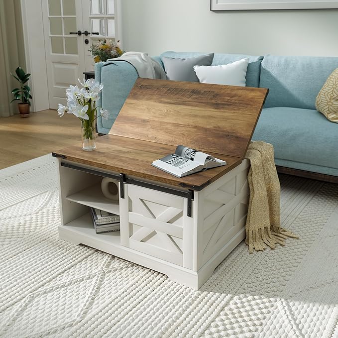 Farmhouse Coffee Table with Flip-Top Lid Rustic Wood Storage Center Table with Hidden Compartment and Sliding Barn Doors Square Cocktail Table for Living Room, Rustic White