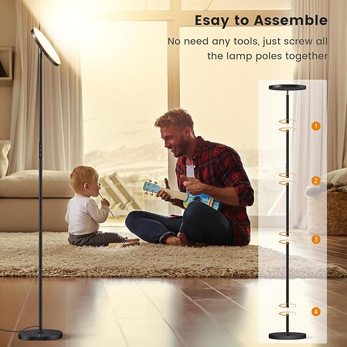 Bright Floor Lamp, 36W 3500LM Standing LED Lamp with Remote, Dimmable Torchiere Tall Lights 2700K Warm White to 6500K Cool White, Night Mode/Memory Function, for Living Room, Bedroom, Office (Black)
