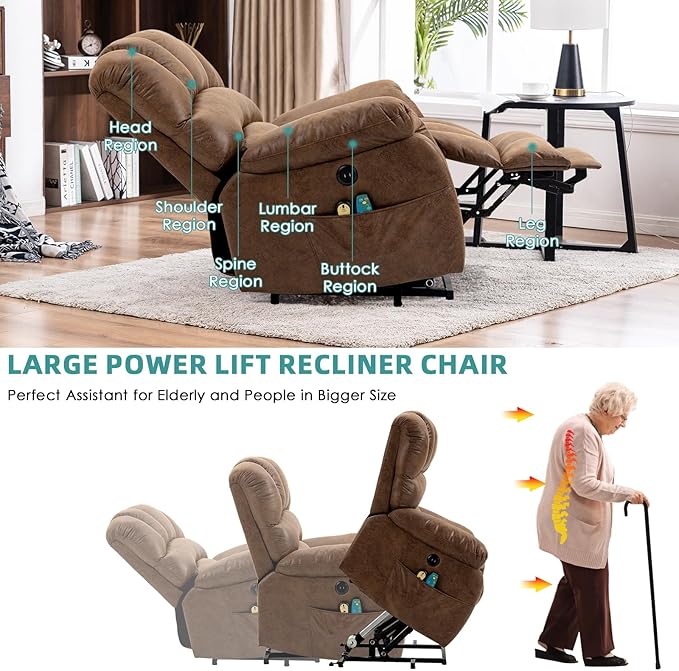 MEETWARM Large Power Lift Electric Recliner Chair with Extended Footrest for Elderly, Big and Tall Lift Chair for Seniors Reclining Chair for Living Room with Massage and Heated,USB Ports(Brown)