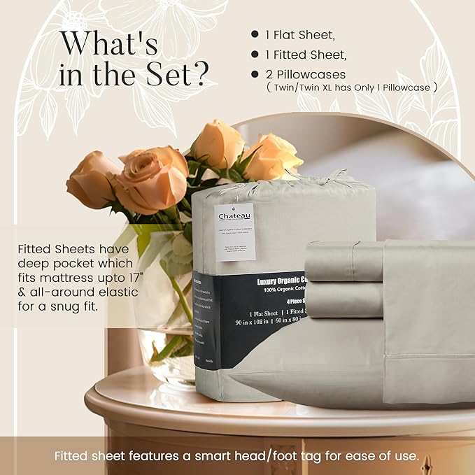 Organic Cotton Sheets Full Size Bed Set Deep Pockets, 300 TC Cotton Full Sheet Set, Soft Breathable Sateen Weave Elasticated Sheet & Pillowcase Sets, No Pill & Shrink, Machine Washable - Silver