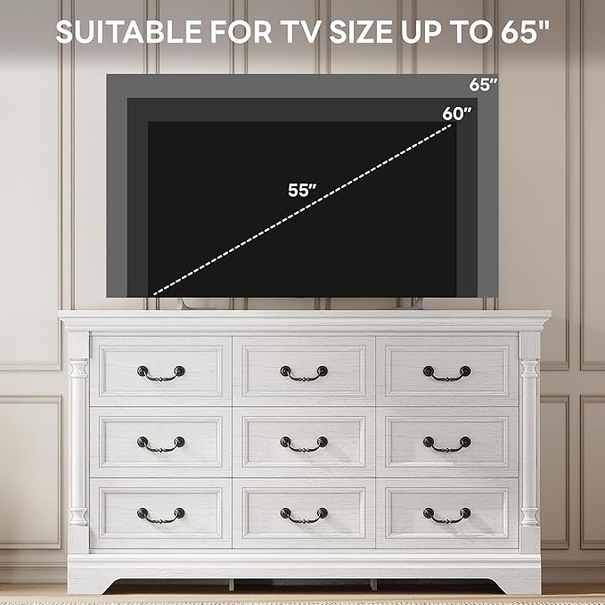 LIKIMIO Farmhouse Dresser for Bedroom with 9 Drawers, 58" Wide Wood Chest of Drawers with Roman Column, Dresser TV Stand for 65", Closet Storage Dressers Organizer for Bedroom, Living Room, Hallway