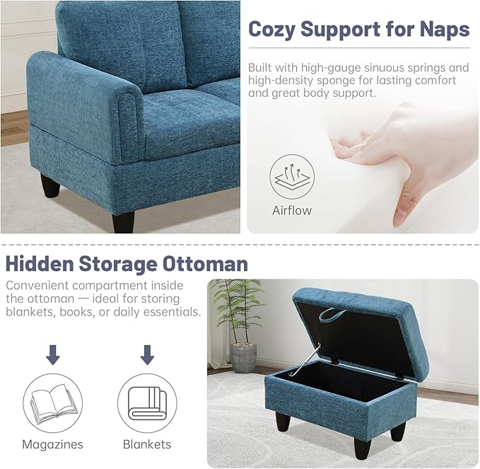 L-Shape 3-Piece Cloud Sofa, Couch for Living Room, Blue Flannel Fabric L-Shape with Reversible Chaise & Storage Ottoman, Ergonomic 110–115° Recline, Solid-Wood Frame