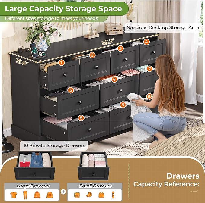 Hasuit Black Dresser for Bedroom with 10 Drawers, 55.2" Long Drawer Dresser with Charging Station, Farmhouse Dressers Chest of Drawer, Large Wooden Storage Tower Organizer, Dressers for Bedroom Closet