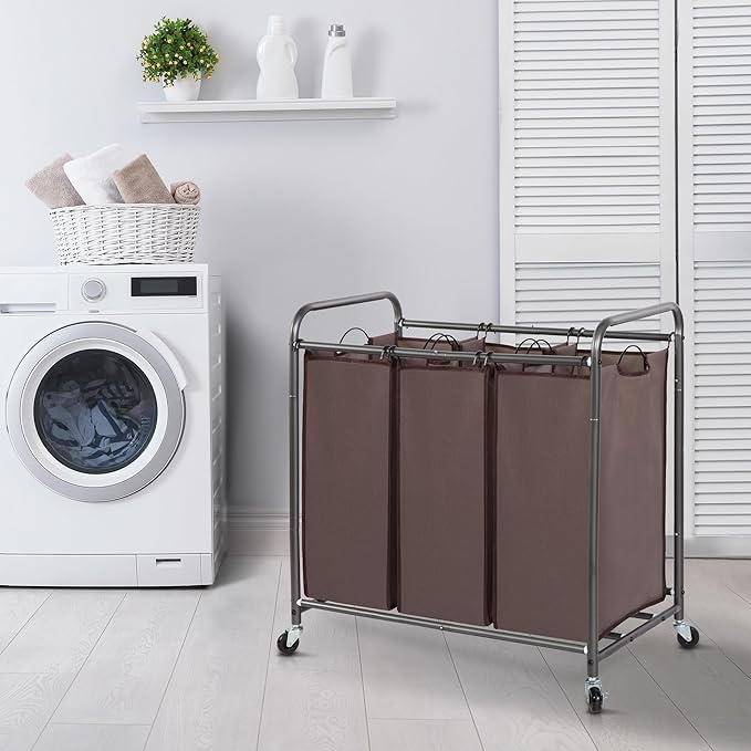 STORAGE MANIAC 3 Section Laundry Sorter, 35.9 Gal (136 L) Laundry Hamper Cart with Heavy Duty Rolling Lockable Wheels and Removable Bags, Clothes Organizer Basket Clothes Separator Hamper, Brown