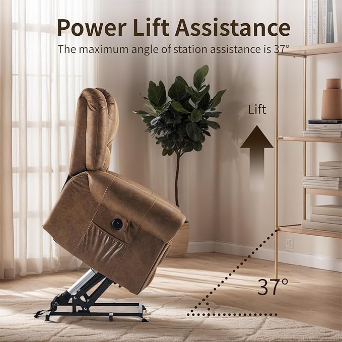 FLEXISPOT Power Lift Recliner Chair for Elderly with Massage & Heat, Faux Leather Electric Reclining Chair for Seniors with USB Ports, Cup Holders & Side Pockets(Medium Size,Camel Brown