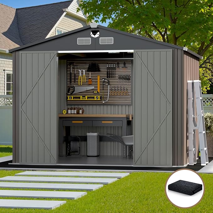 10x12 FT Outdoor Storage Shed,Metal Tool Sheds,Waterproof Outside Storage Shed with Lockable Doors & Air Vent,Storage Building for Backyard Garden (Floor Not Included)