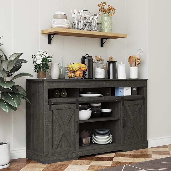 Farmhouse TV Stand for 65+ Inch TV, 34'' Tall Entertainment Center with Sliding Barn Doors, Rustic Wood Media Console Storage Cabinet Television Stand for Living Room, Bedroom (Dark Grey)