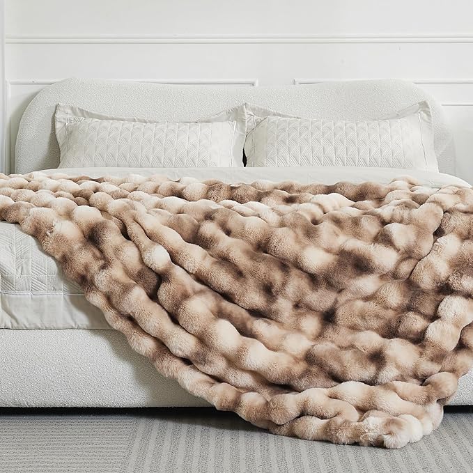 Ultra Plush Bubble Faux Rabbit Fur Blanket – 950GSM Thick Fluffy Throw Blanket for Bed, Couch, Sofa, or Gift, 60" × 80", Tie-dye Coffee