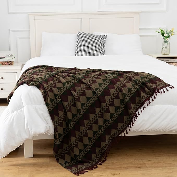 Gealaek Boho Throw Blanket Lightweight Soft Cozy Decorative Blankets for Sofa Bed Farmhouse Throw Blanket Aztec Blanket with Tassel Khaki Olive Wine Checkered 50" x 60"
