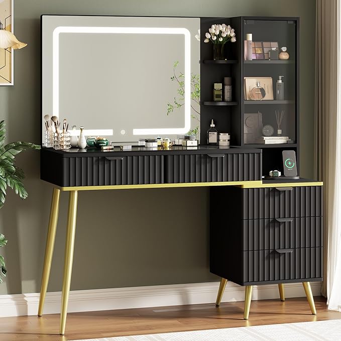 Vanity Desk with Mirror and Lights, Fluted Makeup Vanity with Glass top, 48" Big Modern Vanity with 5 Drawers & Glass Cabinet, Black Vanity with 3 Lighting Modes for Bedroom