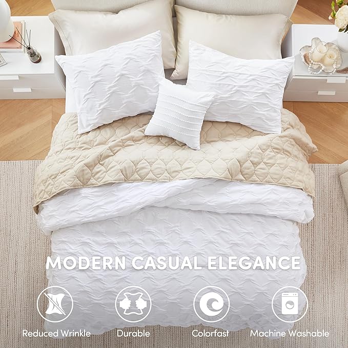 Comfort Spaces Comforter for King Size Bed, Ogee Ruched with Crinkle Texture, Breathable Comforter Set King, All Season Lightweight Bedding Set, Shams, Décor Pilow, King/Cal King White 4 Piece