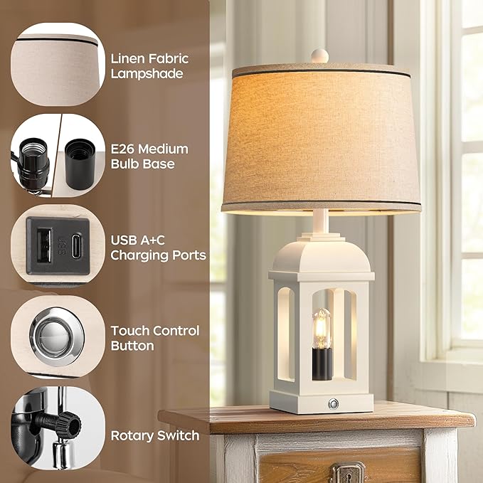 QiMH Table Lamp for Living Room, Farmhouse Lamps Set of 2 with USB A+C and Nightlight, 26" Rustic Bedside Lamps with 3-Way Dimmable, Touch Nightstand Lamp for Bedroom, White
