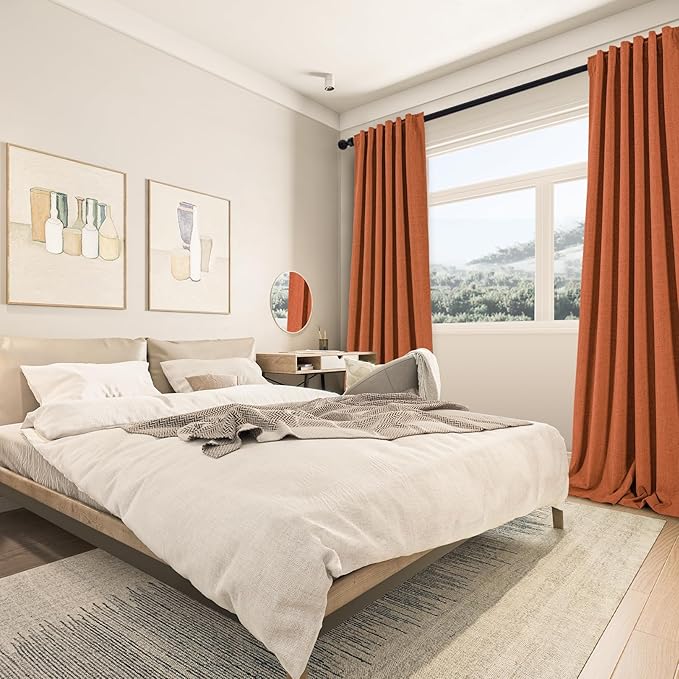 100% Blackout Linen Curtains 90 Inch Length 2 Panels Set Fall Decor for Living Room Bedroom Back Tab Thermal Insulated Farmhouse Drapes Room Darkening Window Curtains 90 Inches Long Terracotta