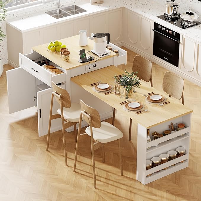 RUNNA Kitchen Island with Extendable Dining Table for 4-6 Person,Two-Tone KitchenTable, Power Outlet, Kitchen Island with Storage 2 Drawers 2 Side Open Shelves (White Oak~010)