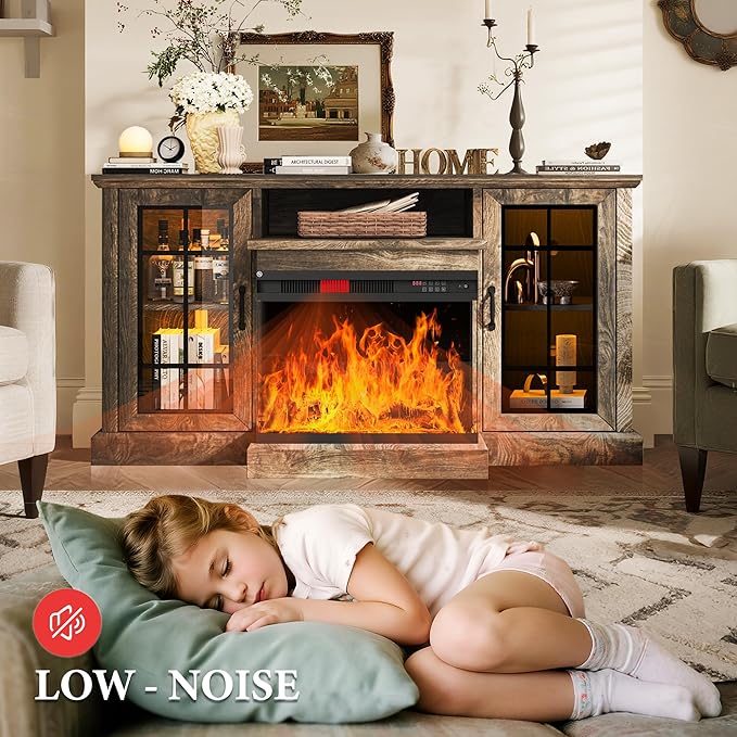 MXV 59'' Fireplace TV Stand, Farmhouse Entertainment Center with 3 Sided Glass TV Stand, Modern Media Console Table with Storage Drawers & Cabinets with LED Flame and Lights for Living Room, Gray