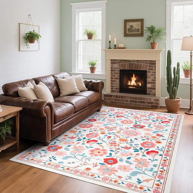 Living Room Rug 6x9 Rug, Machine Washable Area Rug Non Slip Low Pile Floral Rug for Living Room, Bedroom, Farmhouse, Dining Room, Kids Playroom, Beige