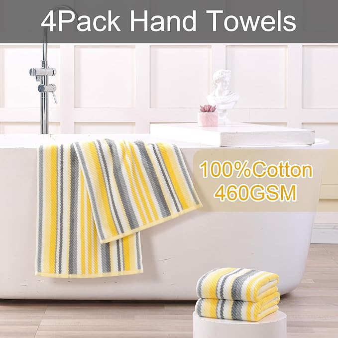 Quick Dry Hand Towels for Bathroom, 4 Pack 16"x27" - 100% Cotton | Soft | Absorbent | Lightweight, Striped Hand Towels Decorative Set, Luxury Towel Set for Showering & Guset, Yellow and Gray Stripe