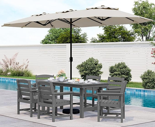 SERWALL 8-Piece Patio Dining Sets with 15FT Double Side Patio Umbrella, Outdoor HDPE Dining Furniture Set with Umbrella Hole Cut-Out Table and 6 Chairs, Gray（Umbreall Base not Included）