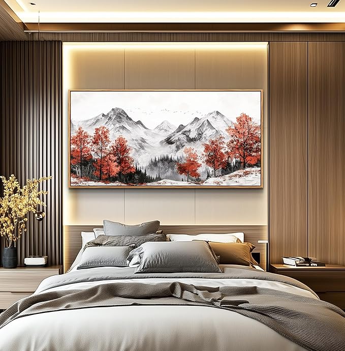 PHAOHUAXM Large Canva Wall Decor For Living Room Wood Framed Wall Art For Bedroom Office Murals Red Tree Ink-Wash Mountain Landscape Painting Pictures Modern Restaurant Room Home Decoration 30"X60"
