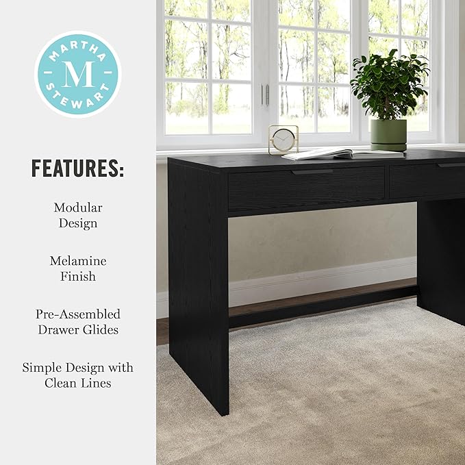 Martha Stewart Kayden Home Office Modular Desk with 2 Drawers in Black with Oil Rubbed Bronze Hardware