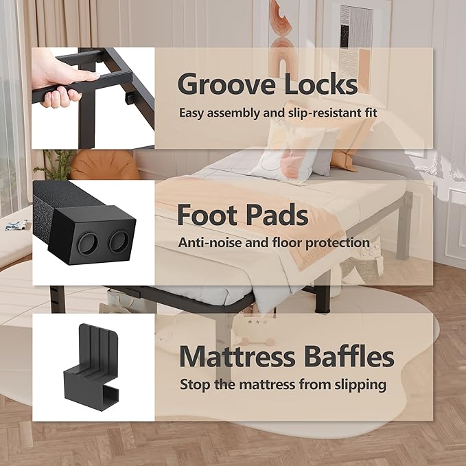 FUIOBYVV Twin Bed Frames, 14 Inch Heavy Duty Metal Platform Bed Frame Twin Size Support Up to 3500 lbs, No Box Spring Needed/No Shaking/Steel Slat Support/Noise Free/Easy Assembly