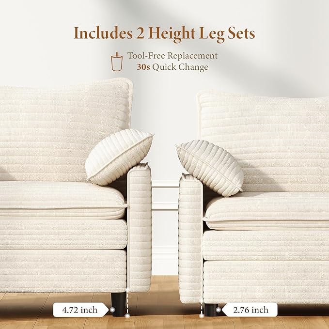 Vesgantti 74" Loveseat Sofa for Living Room, Comfy Cloud Couch Deep Seat Corduroy Modern 2 Seater Small Sofa with Armrest Pillow, Easy Assembly for Small Spaces, Beige