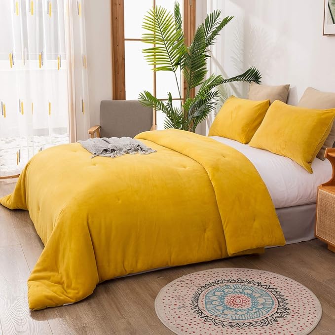 Cottonight Mustard Yellow Velvet Comforter Set Queen Plush Flannel Fluffy Yellow Bedding Comforter Set Micromink Sherpa Warm Heavyweight Winter Comforter for Women Men Adults Teens
