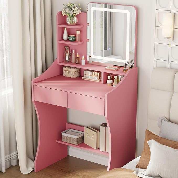 Small Vanity Desk, Makeup Vanity with Mirror and Lights, Vanity Desk with Drawer & 3 Storage Shelves, Pink Makeup Vanity Desk with Lights for Bedroom