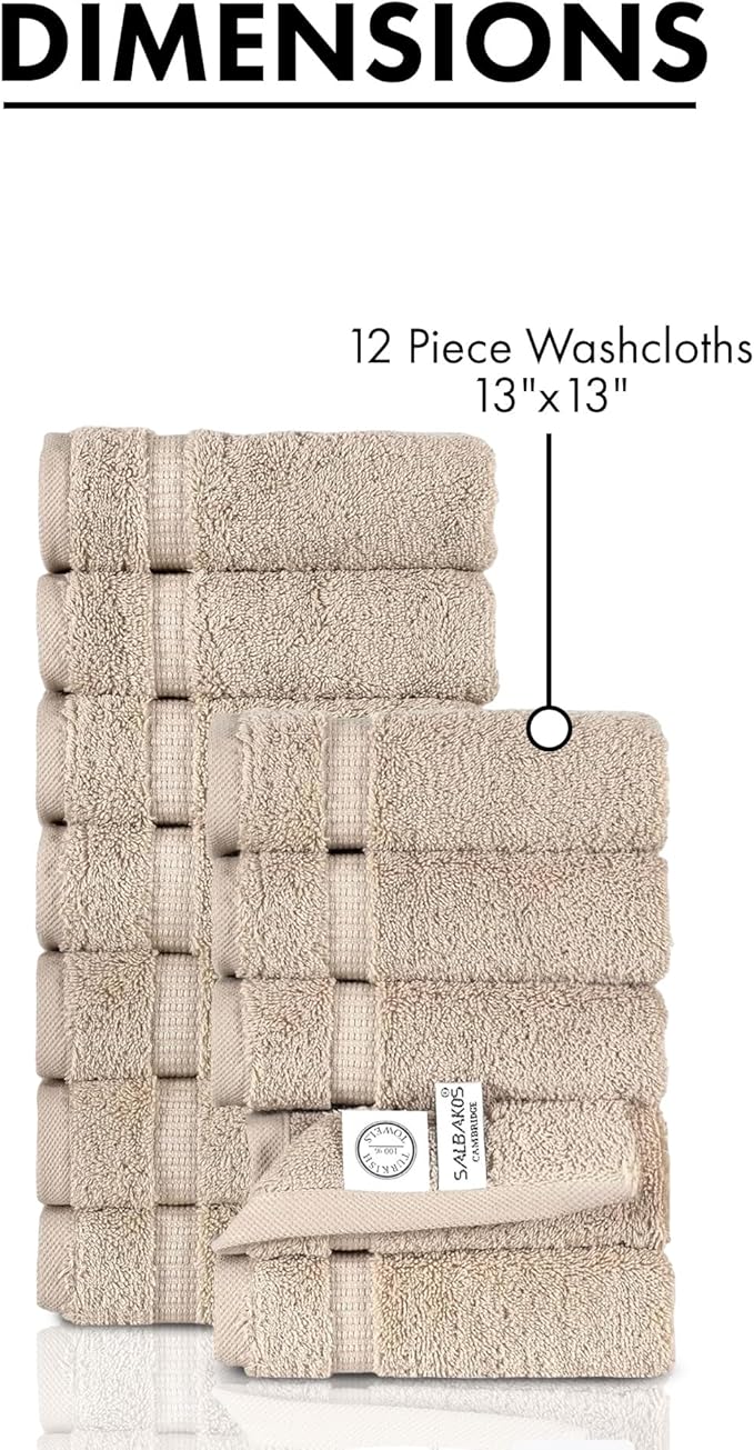SALBAKOS 100% Turkish Cotton Washcloth Set of 12 13x13 inch | Heirloom Quality | Hotel & Spa Collection | Ultra Soft, Super Absorbent, Washcloth Towels | Made in Turkey (Taupe, 12 Washcloths)